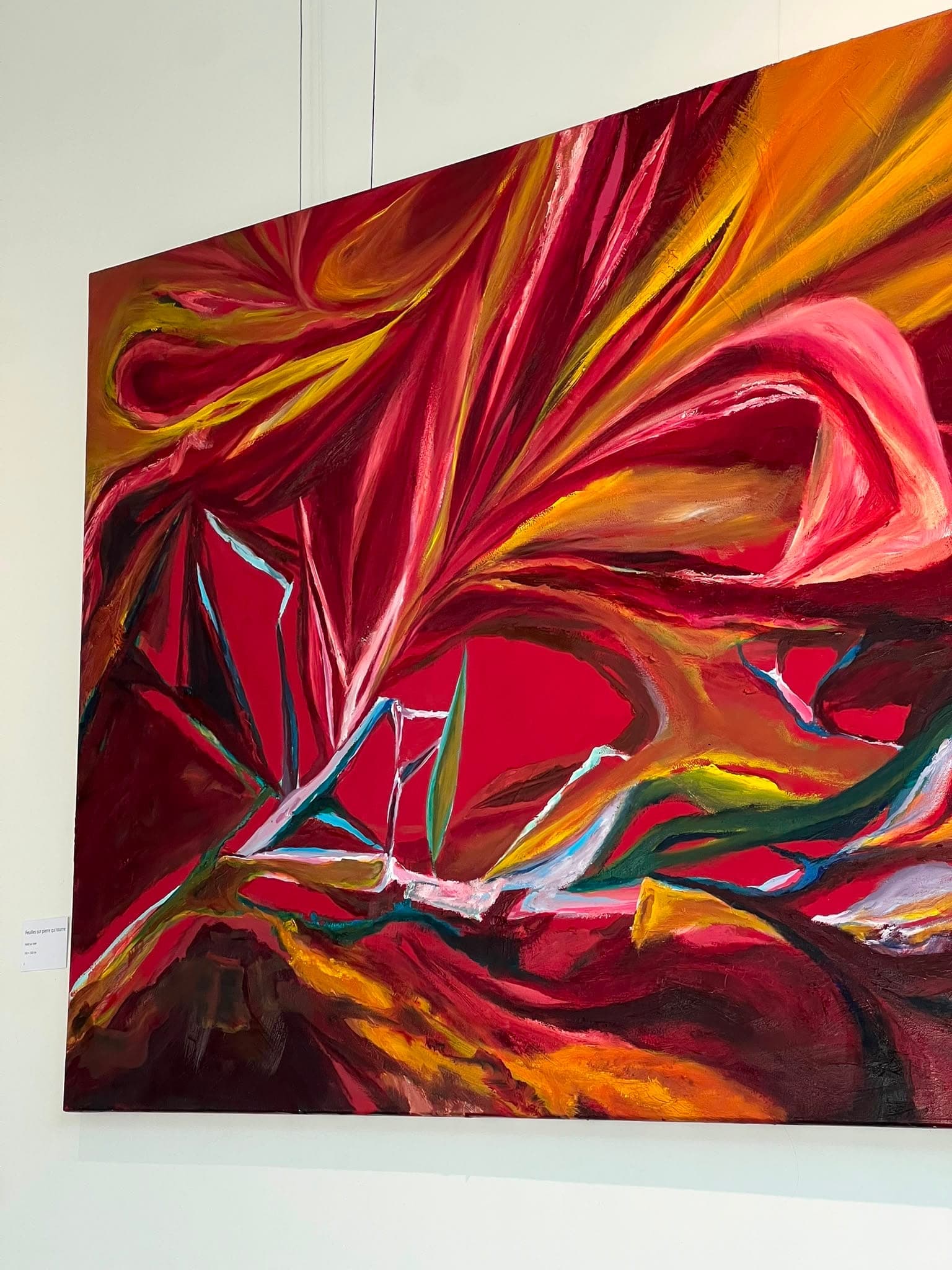 Feuilles sur pierre qui tourne, huile sur toile